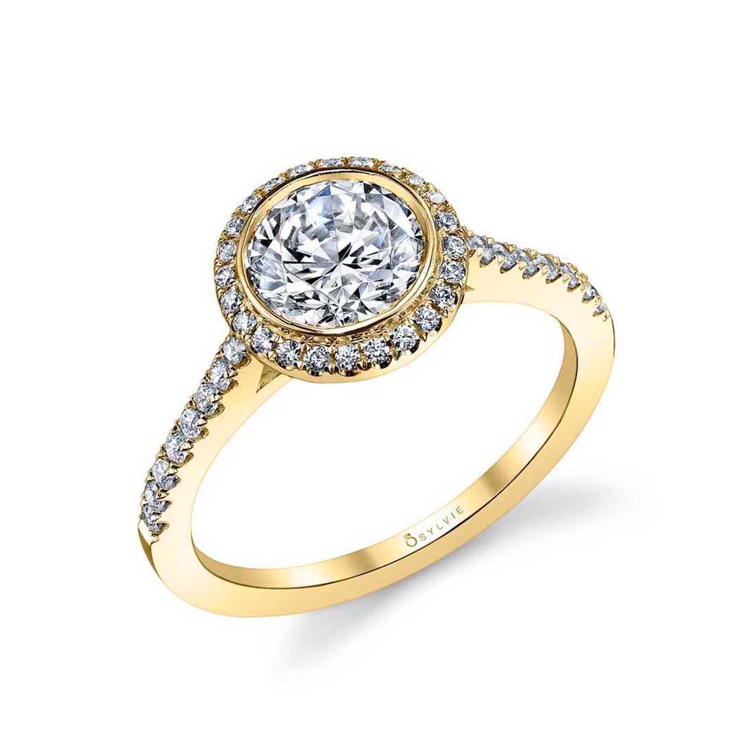 18K Anita Modern Bezel Set Halo Engagement Ring
