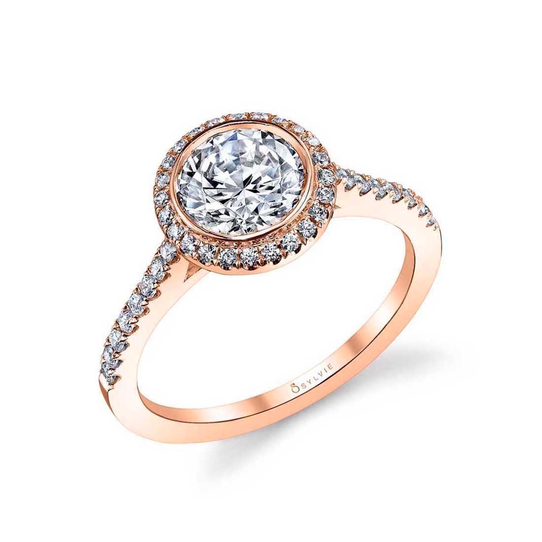 18K Anita Modern Bezel Set Halo Engagement Ring