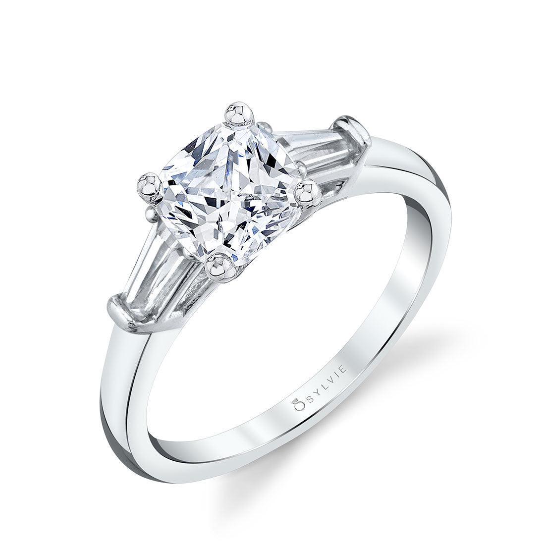 14K Nicolette Cushion Cut Baguette Side Stone Engagement Ring