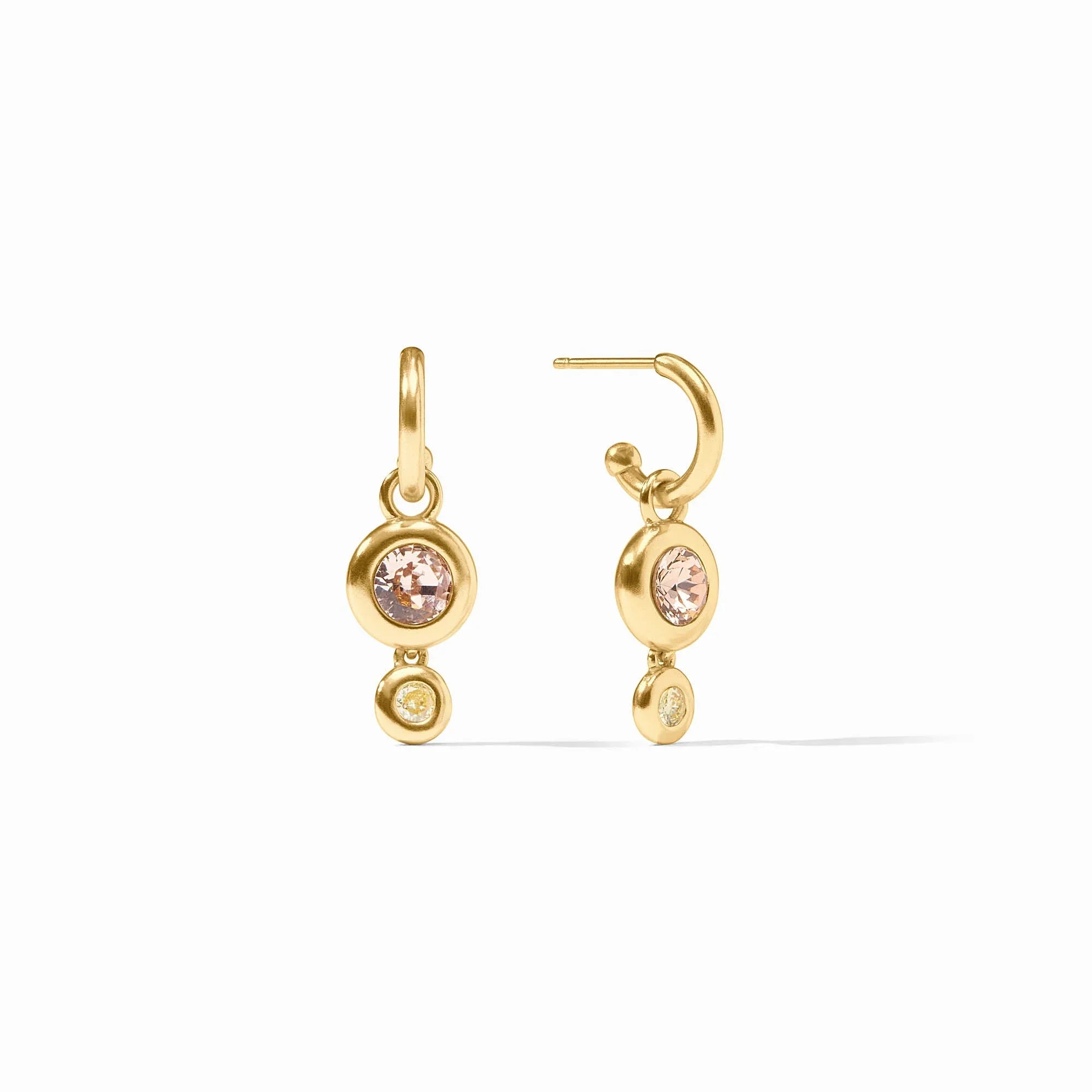 Gold earrings with pink gemstones on a white background