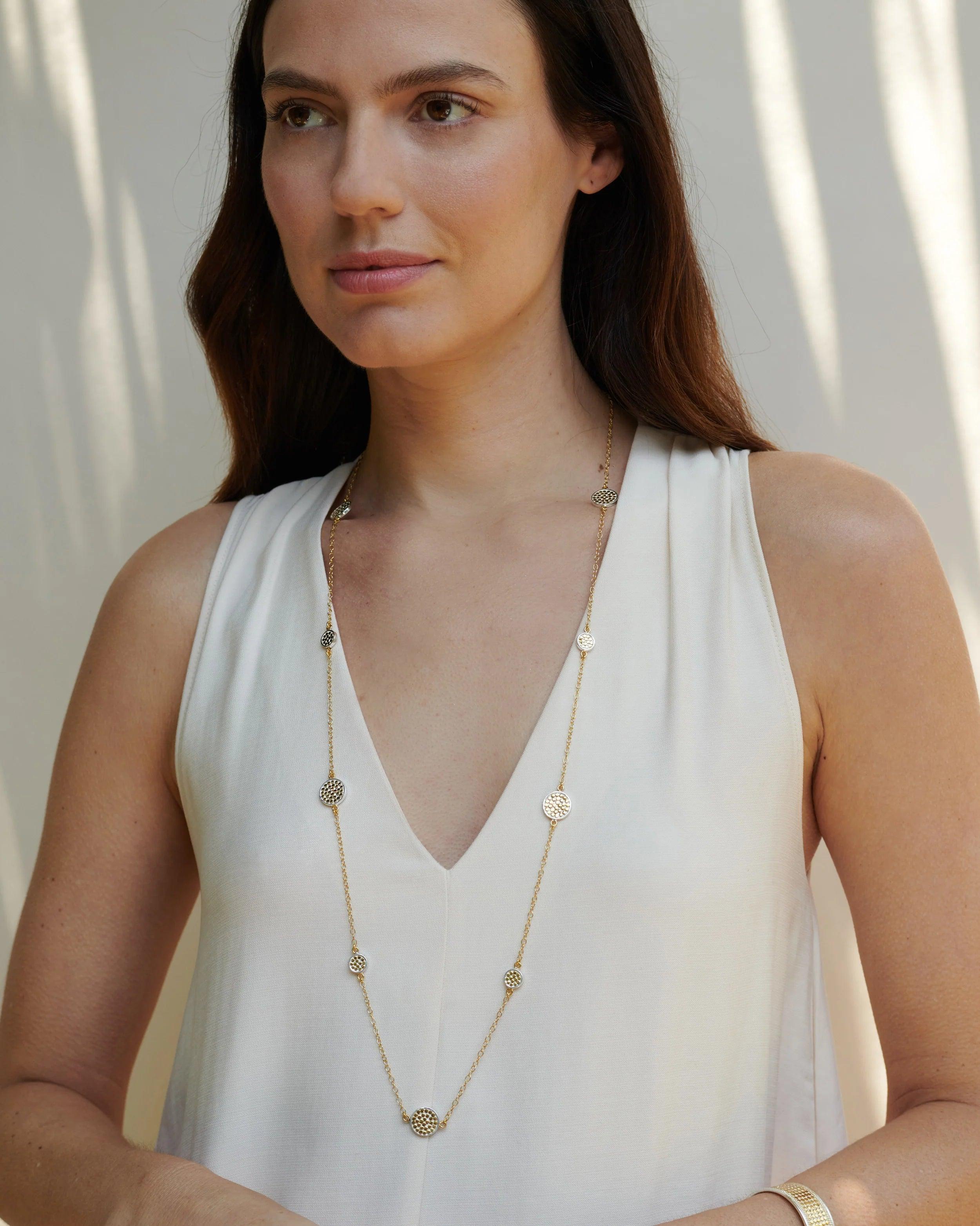Classic Long Multi-Disc Station Necklace - Gold & Silver
