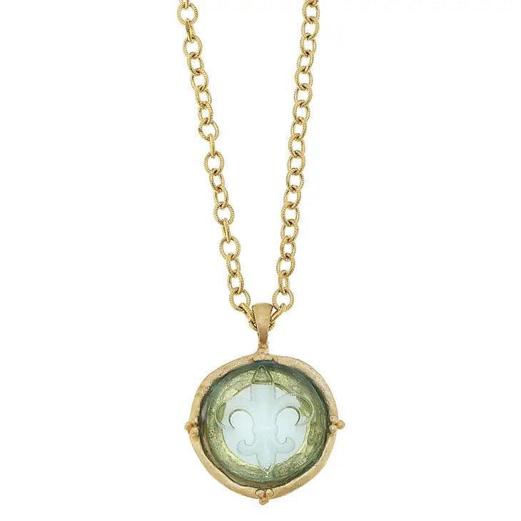 Clear Venetian Glass Fleur De Lis Intaglio Necklace