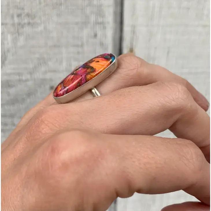 Long Oval Dahlia Copper Turquoise Sterling Silver Ring
