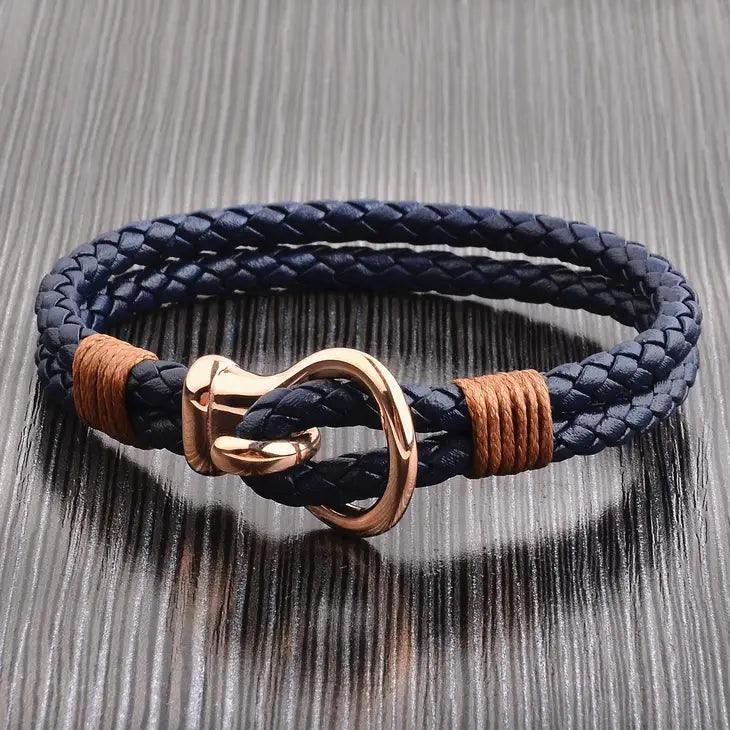 Mens Polished Hook Clasp Leather Bracelet