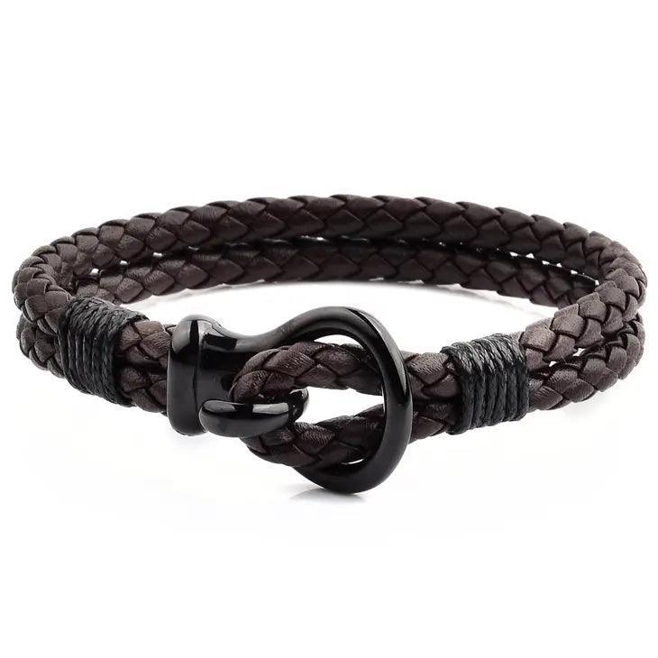 Mens Polished Hook Clasp Leather Bracelet