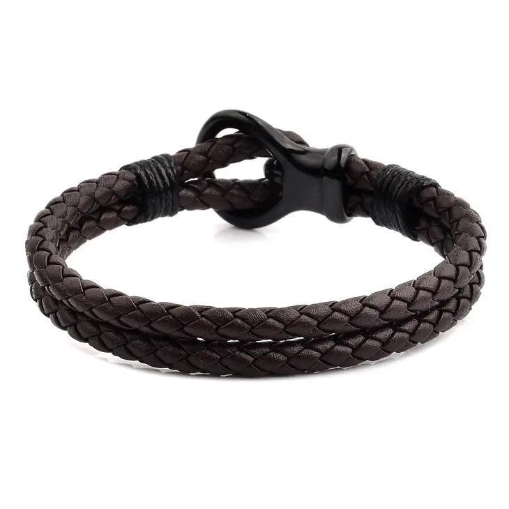 Mens Polished Hook Clasp Leather Bracelet