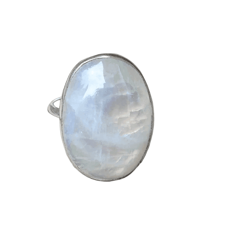 Oval White Rainbow Moonstone Sterling Silver Statement Ring