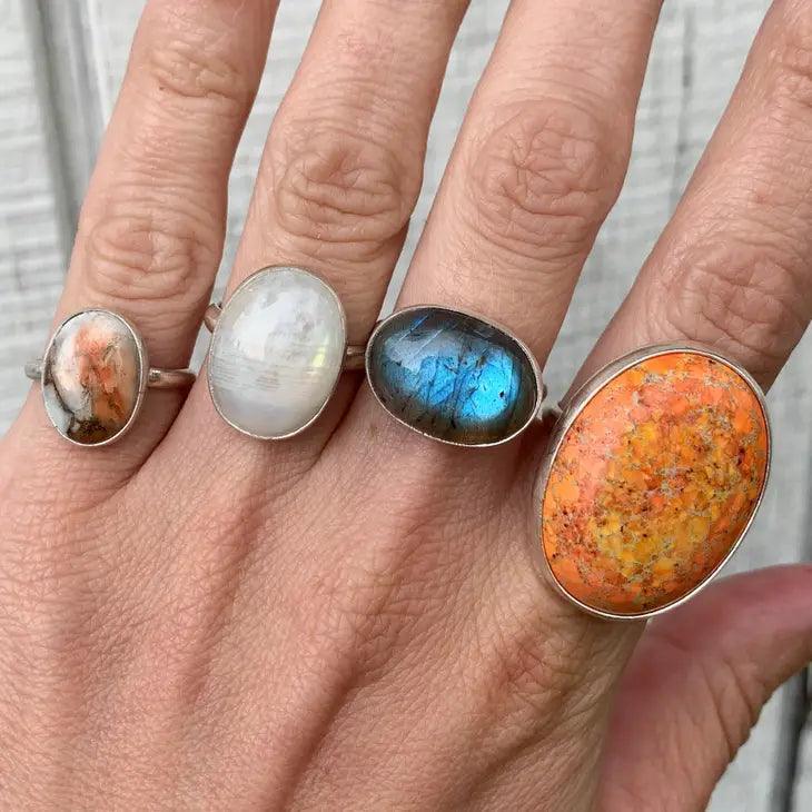 Oval White Rainbow Moonstone Sterling Silver Statement Ring - Water Street Jewelers