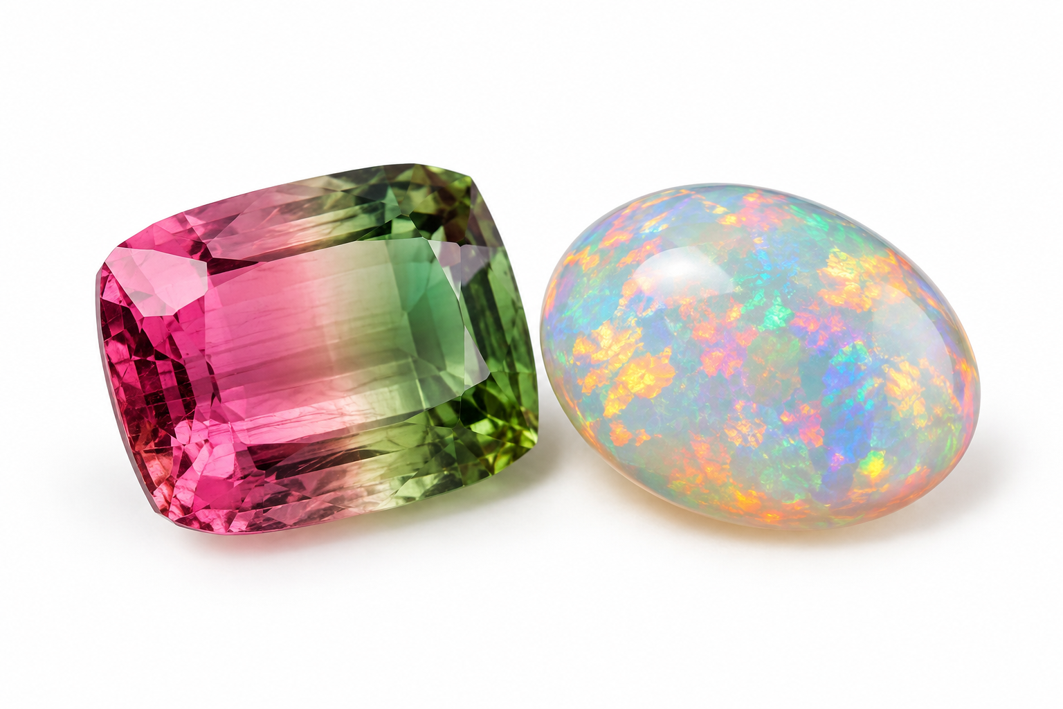 October Birthstones Tourmaline and Opal on a white background