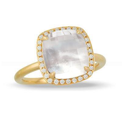 Gold mother of pearl ring with diamond halo on