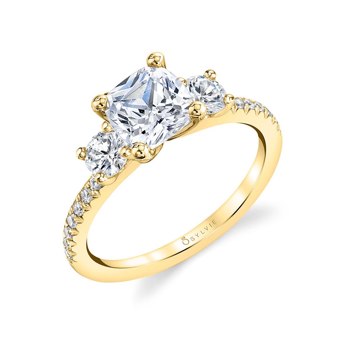 14K Gemma Three Stone Cushion Engagement Ring