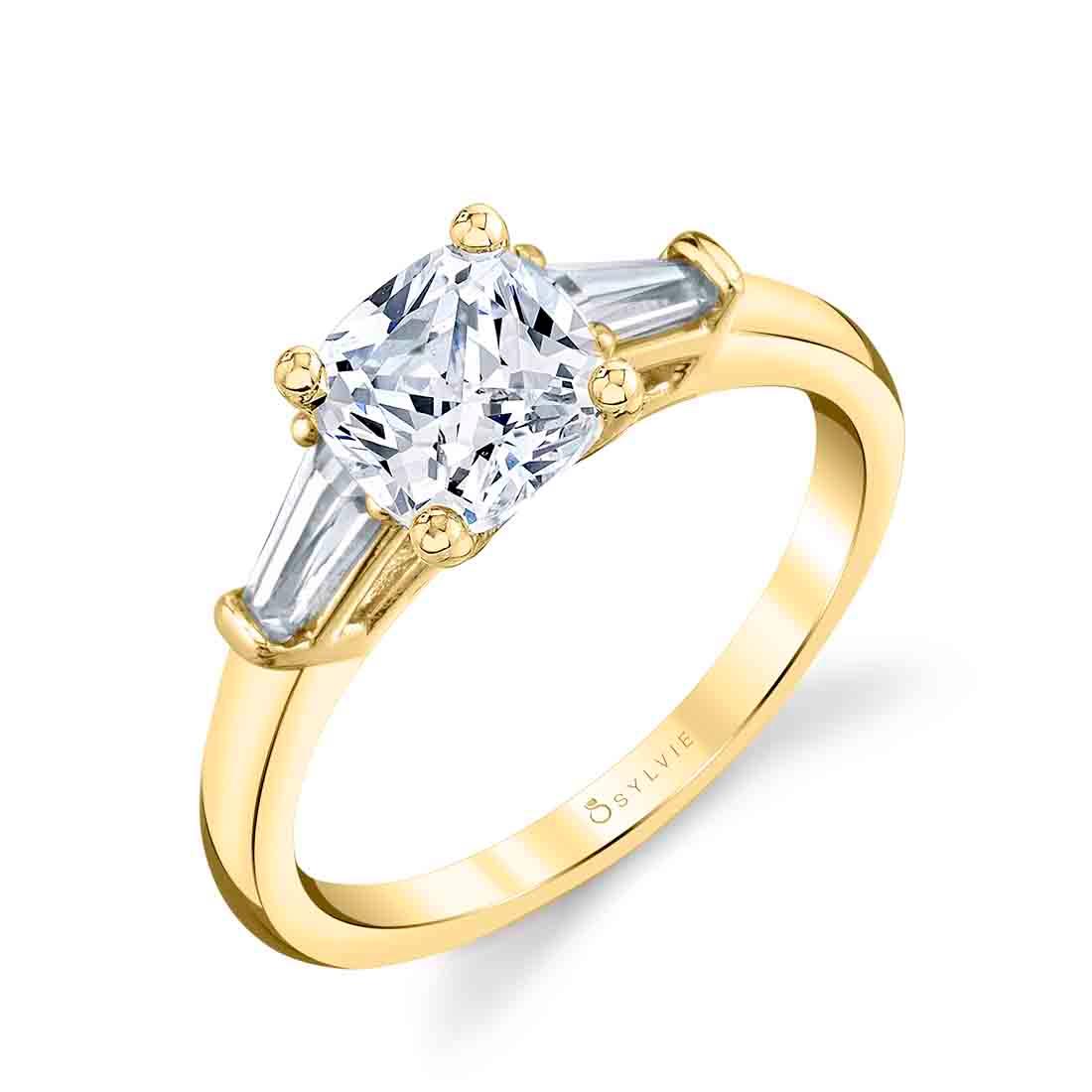 14K Nicolette Cushion Cut Baguette Side Stone Engagement Ring