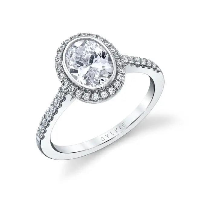 18K Anita Modern Bezel Set Oval Halo Engagement Ring