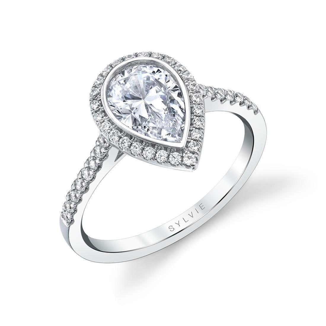 18K Anita Modern Bezel Set Pear Halo Engagement Ring