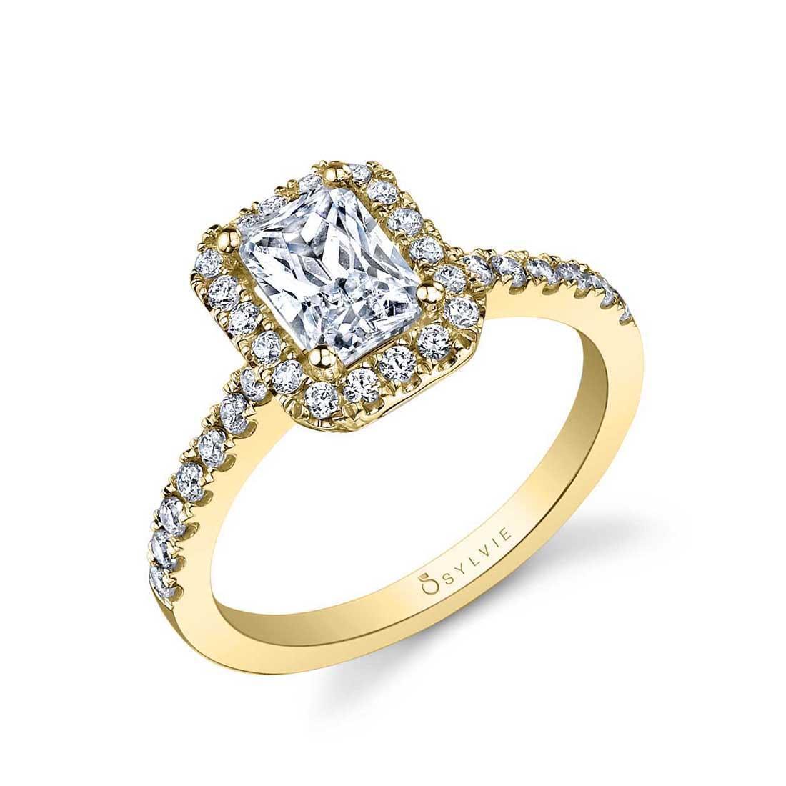 18K Chantelle Emerald Cut Classic Halo Engagement Ring