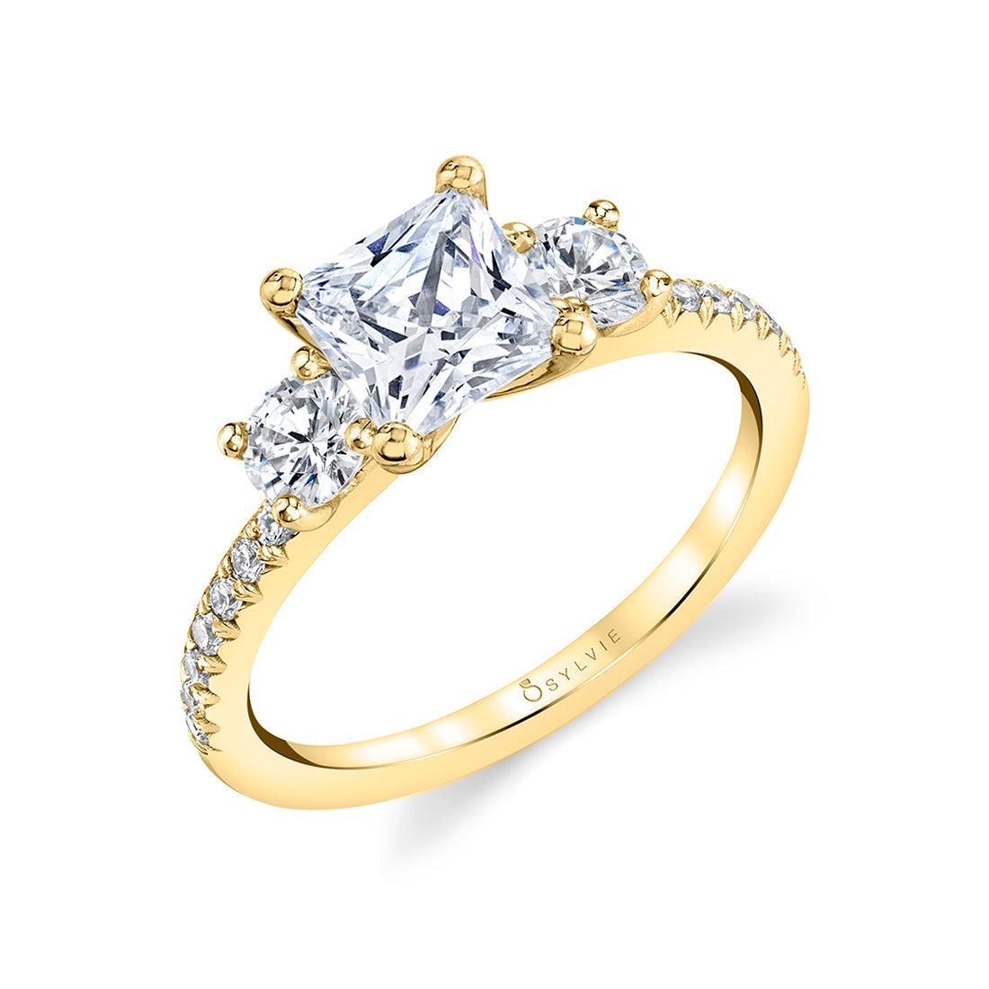  14K Gemma Three Stone Princess Engagement Ring