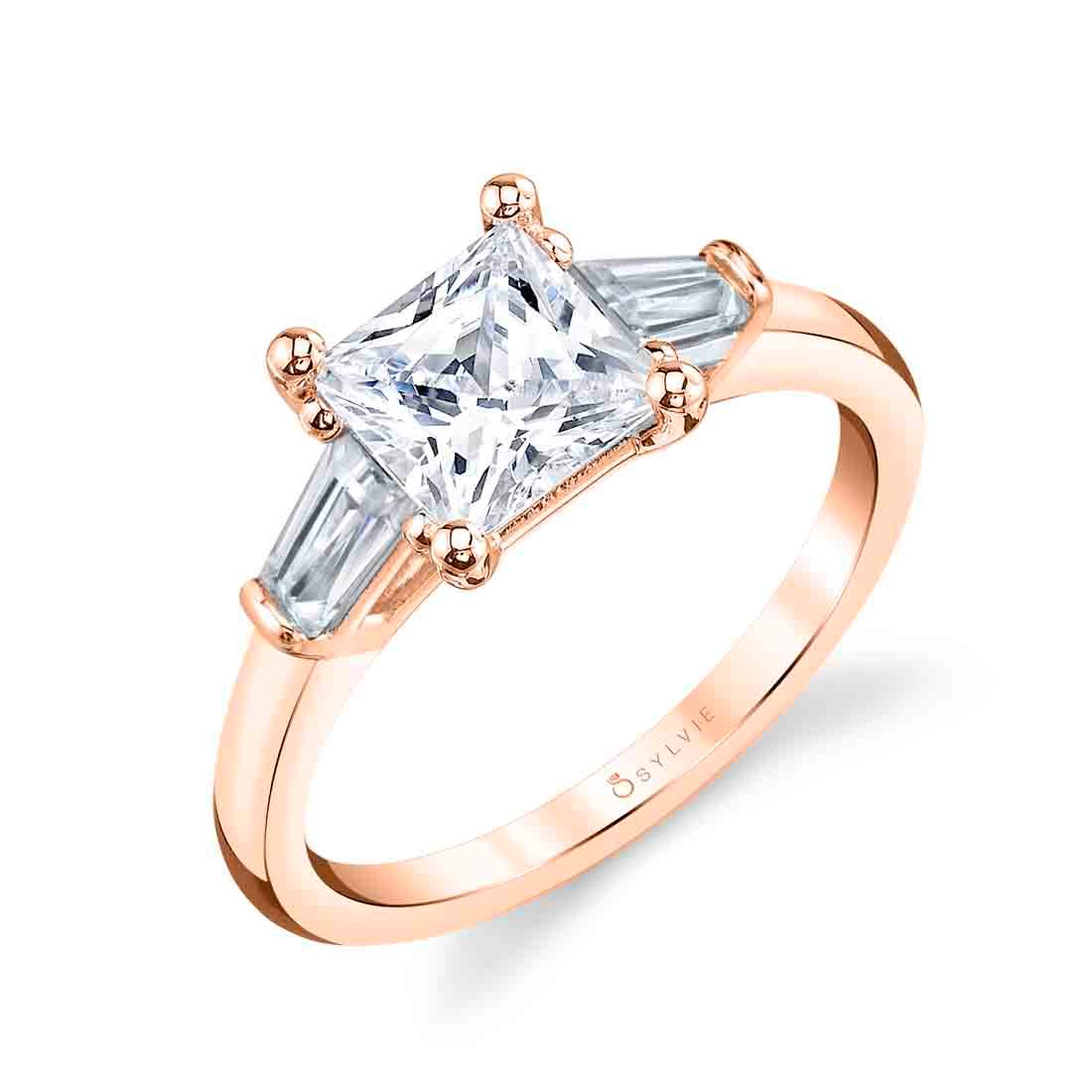 14K Nicolette Princess Cut Baguette Side Stone Engagement Ring