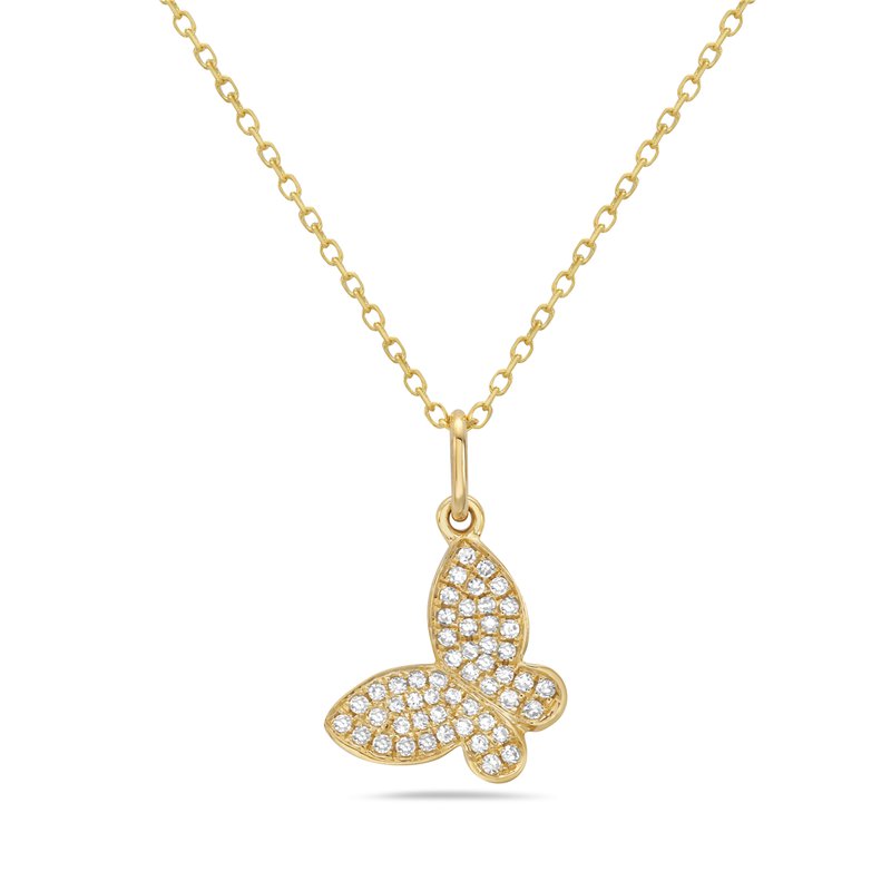 Gold butterfly pendant necklace on a white background
