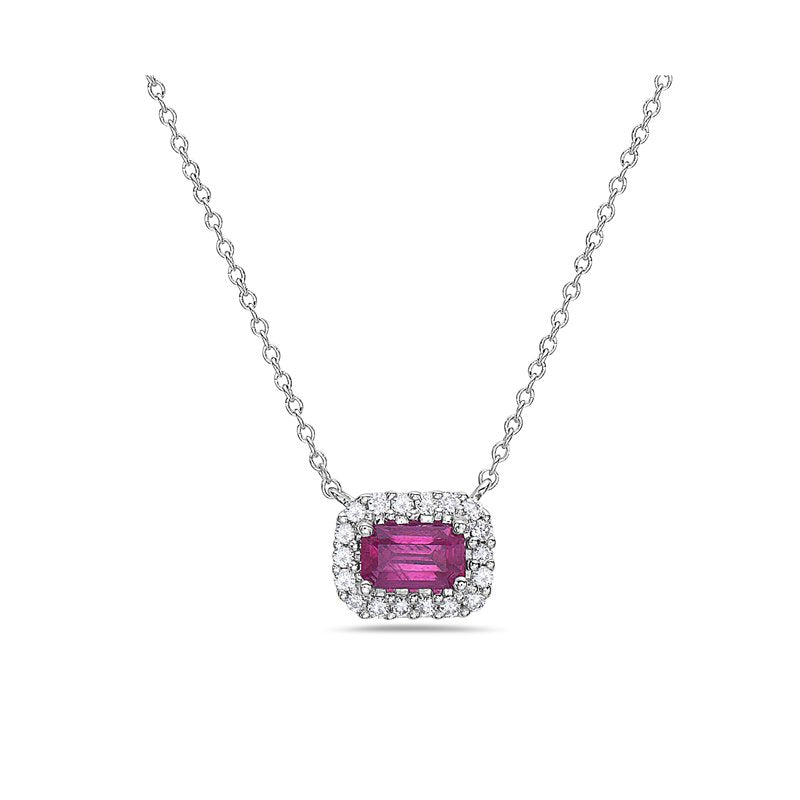 Necklace with a pink gemstone and diamond accents on a white background