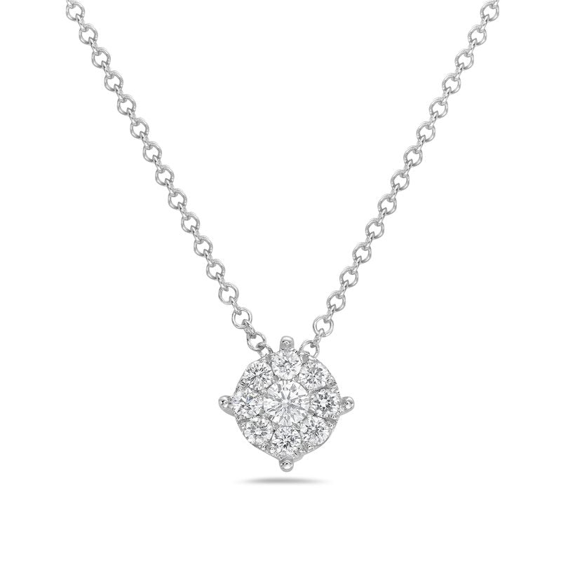 Diamond pendant on a chain against a white background