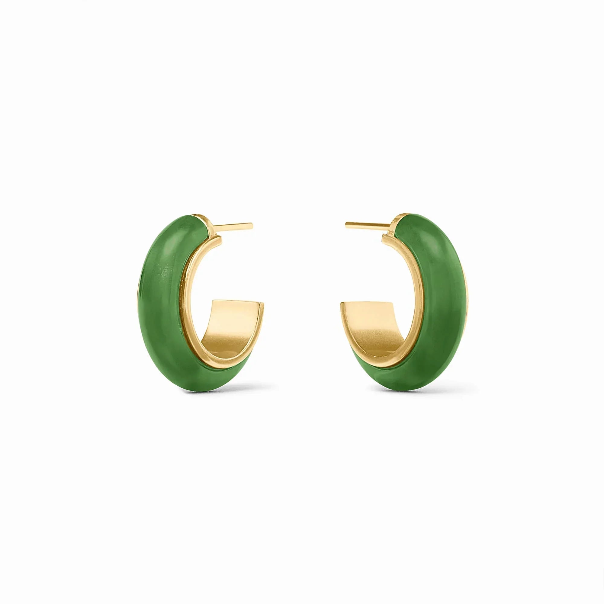 Green hoop earrings with gold accents on a white background