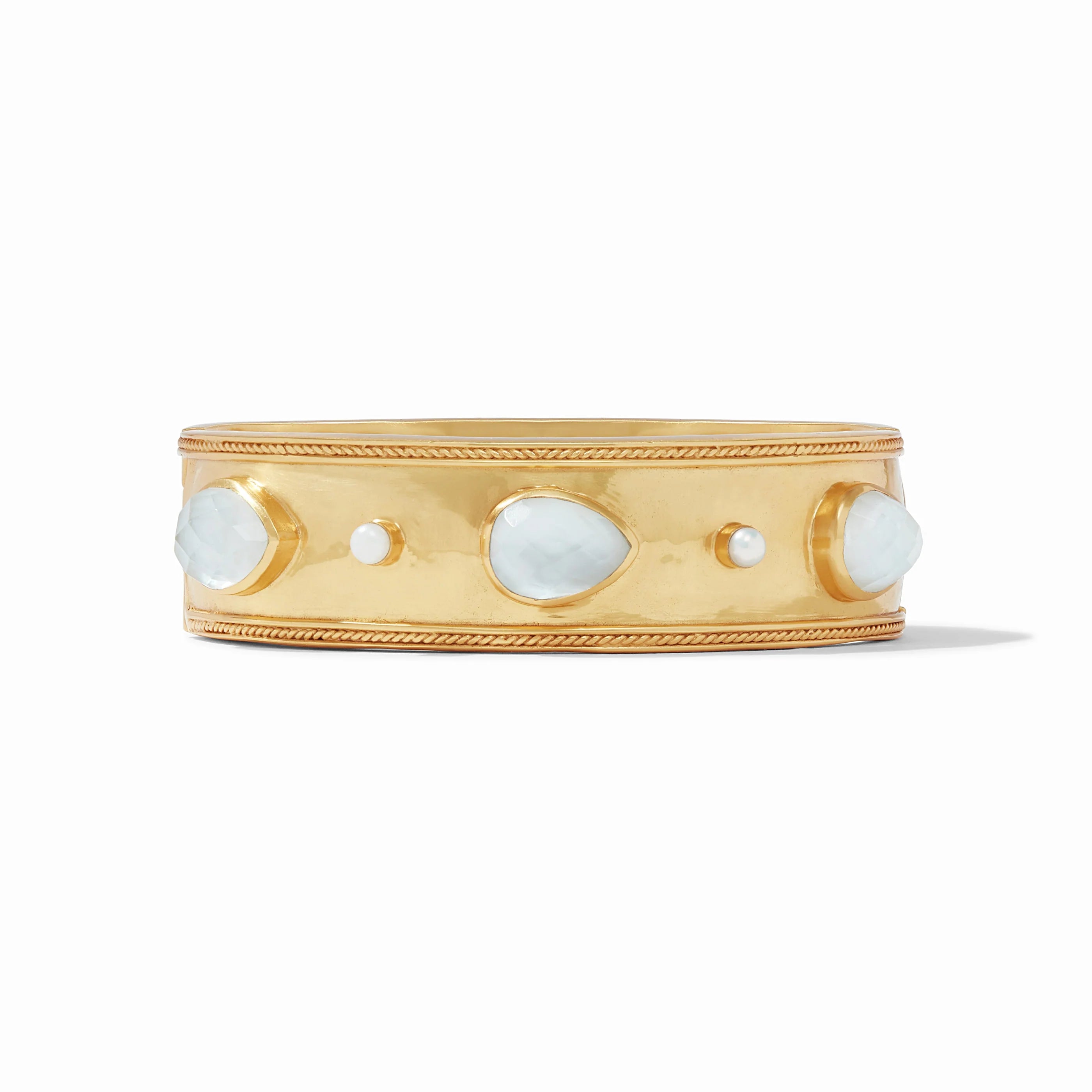 Gold bracelet with white stones on a white background