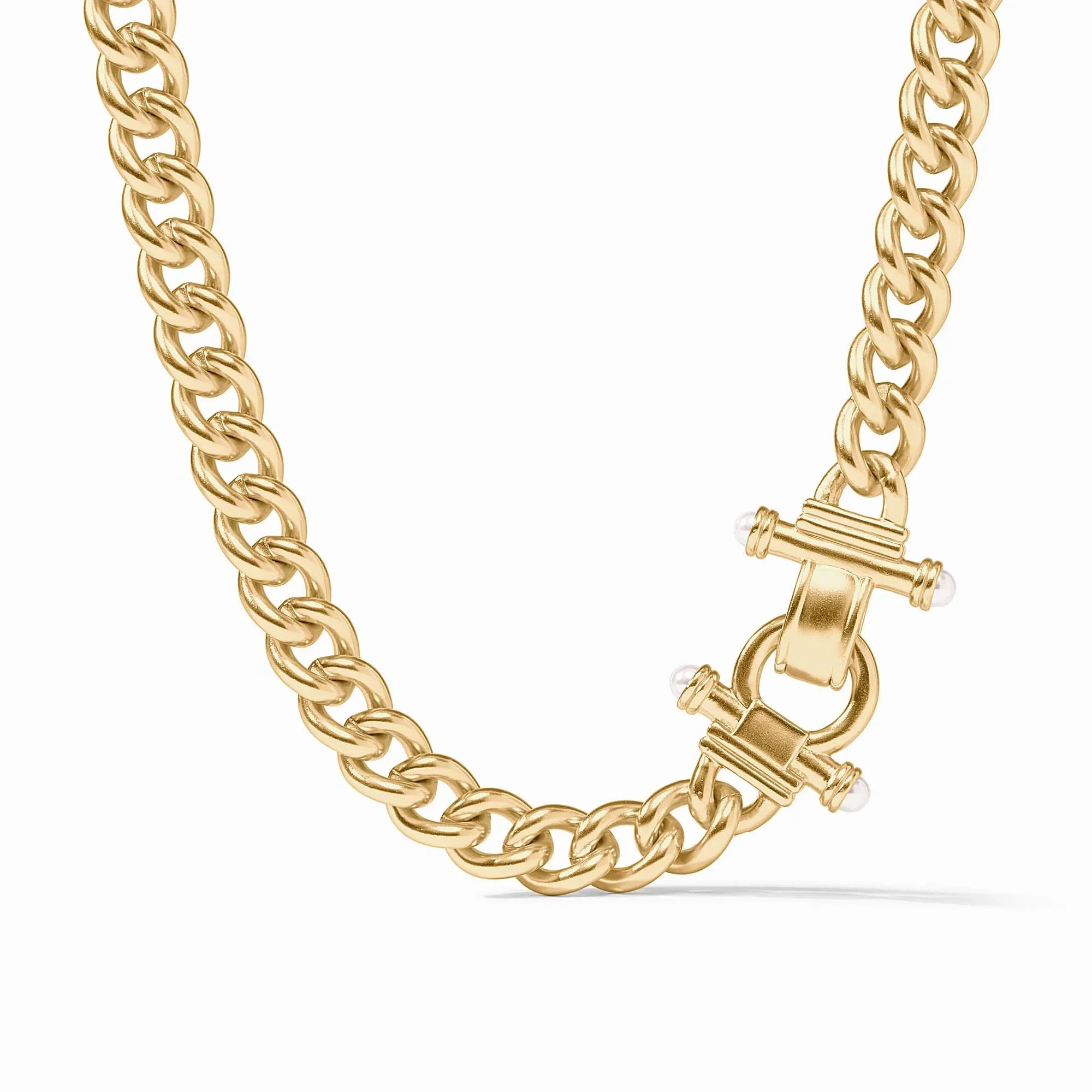 Gold chain necklace with a clasp on a white background