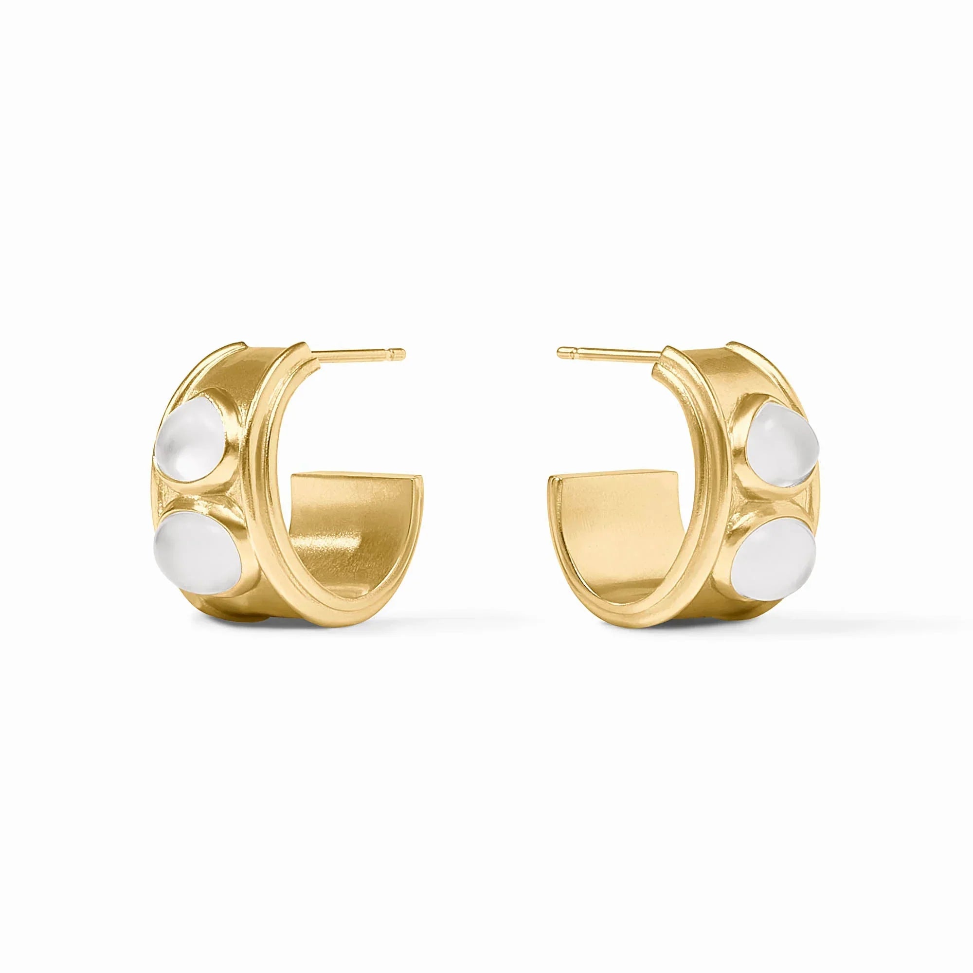 Gold hoop earrings with white stones on a white background
