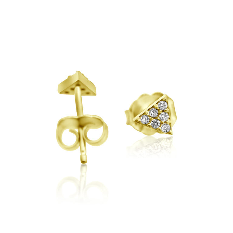 Gold heart-shaped earrings with embedded diamonds on a white background
