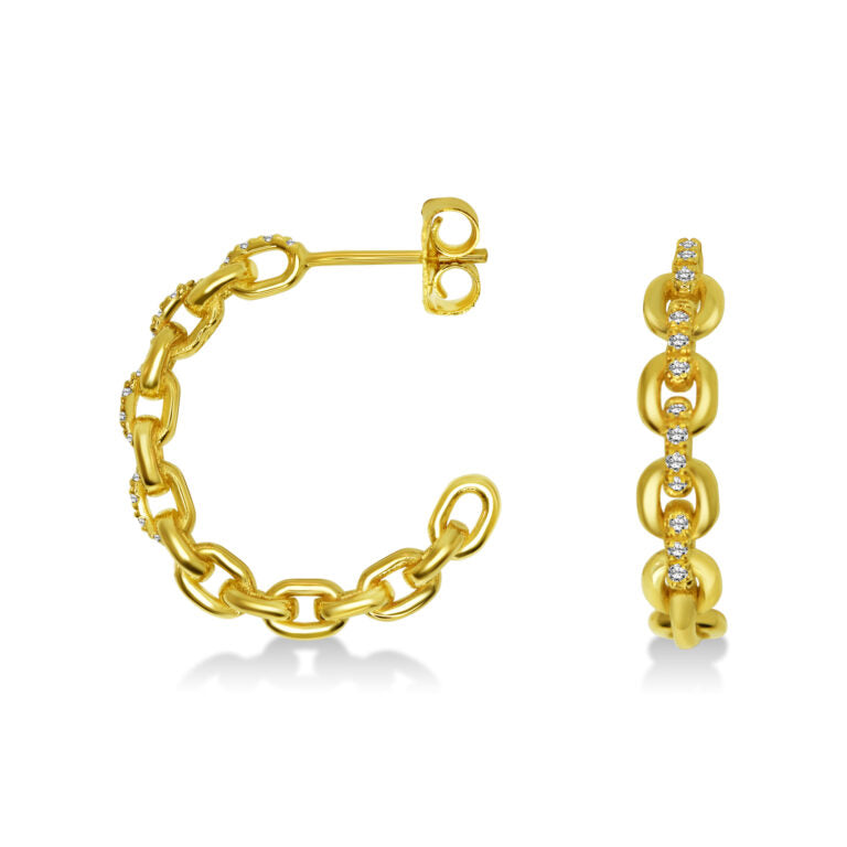 Gold chain-link earrings on a white background