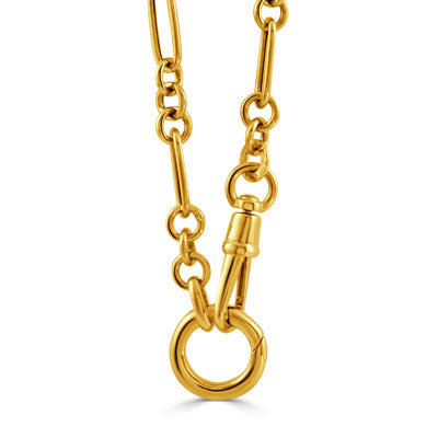 Gold chain necklace with clasp on a white background