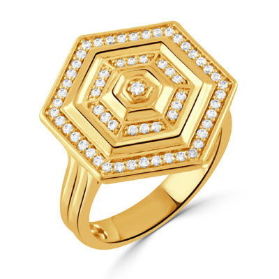 Gold hexagonal ring with diamond accents on a white background