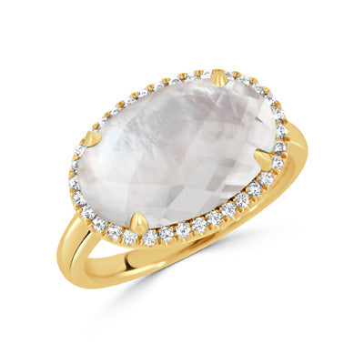 Gold ring with a large central gemstone and smaller stones on a white background