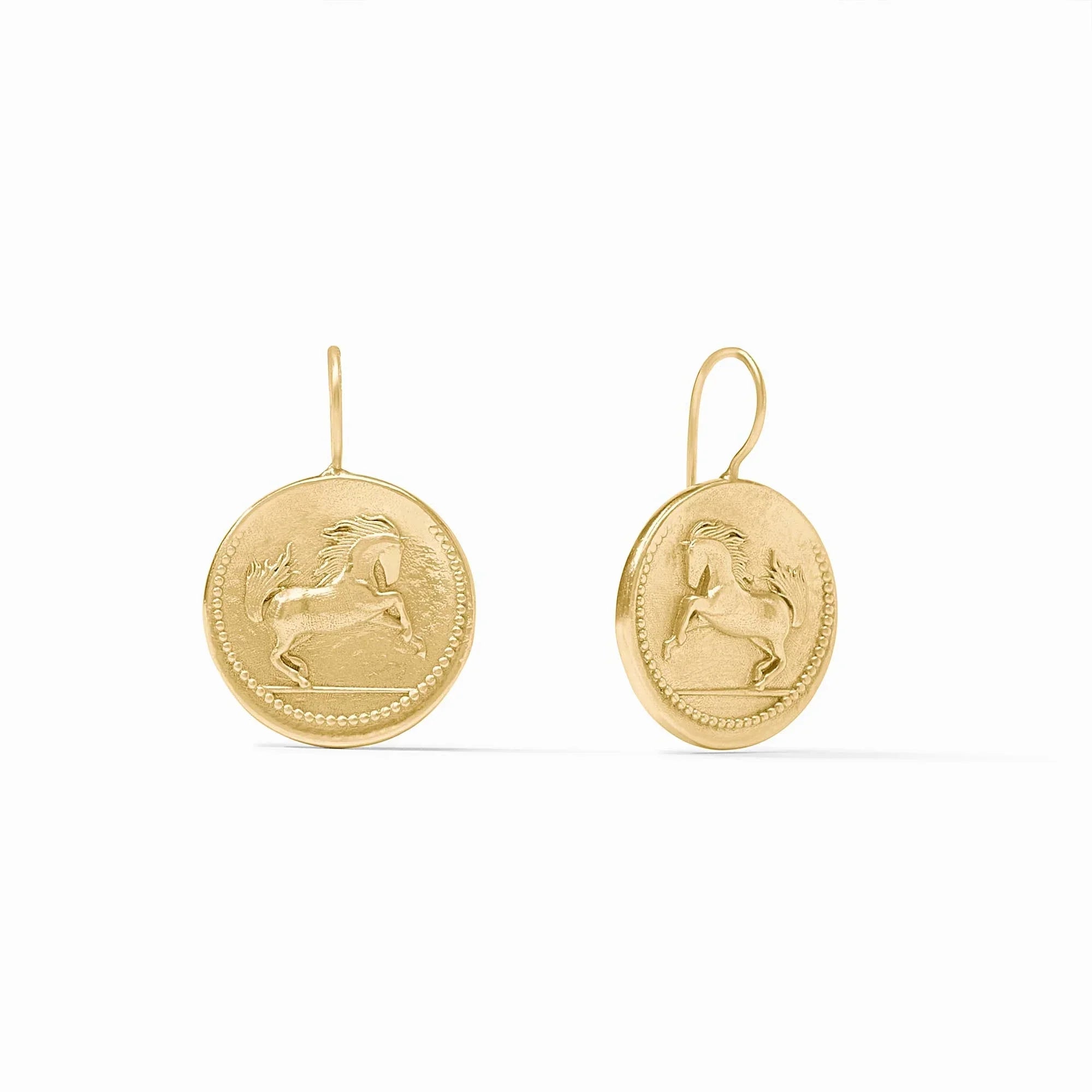 Gold earrings with horse design on a white background