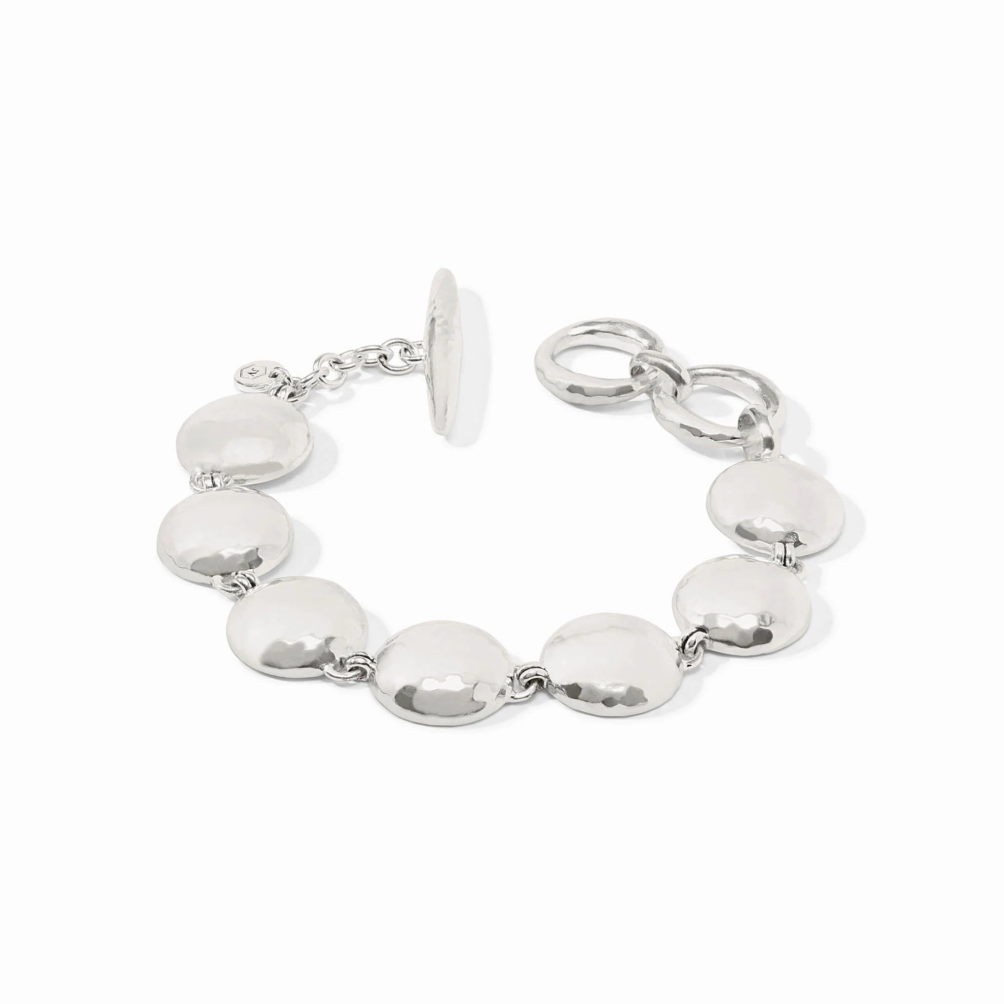 Silver bracelet with round links on a white background