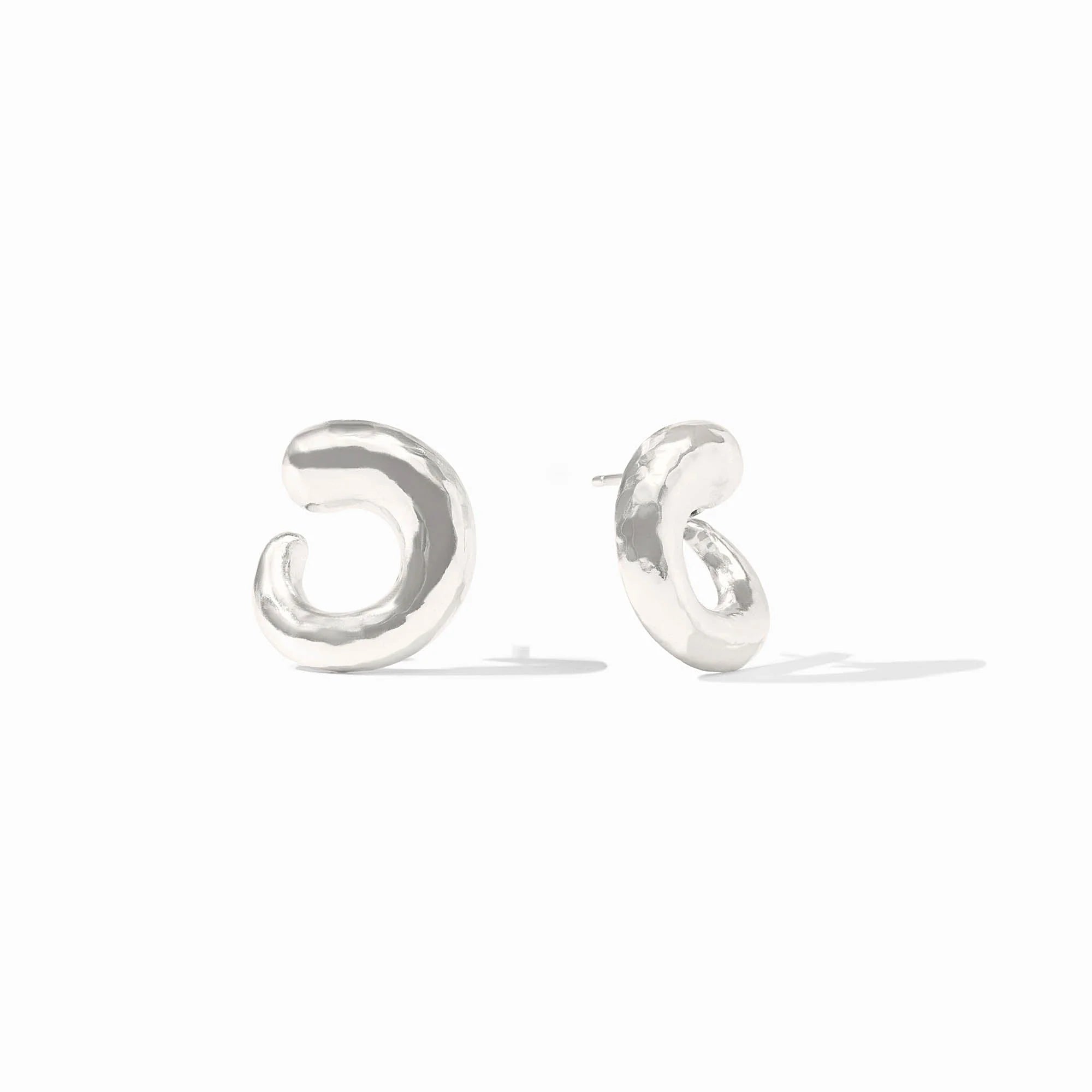 Pair of silver hoop earrings on a white background