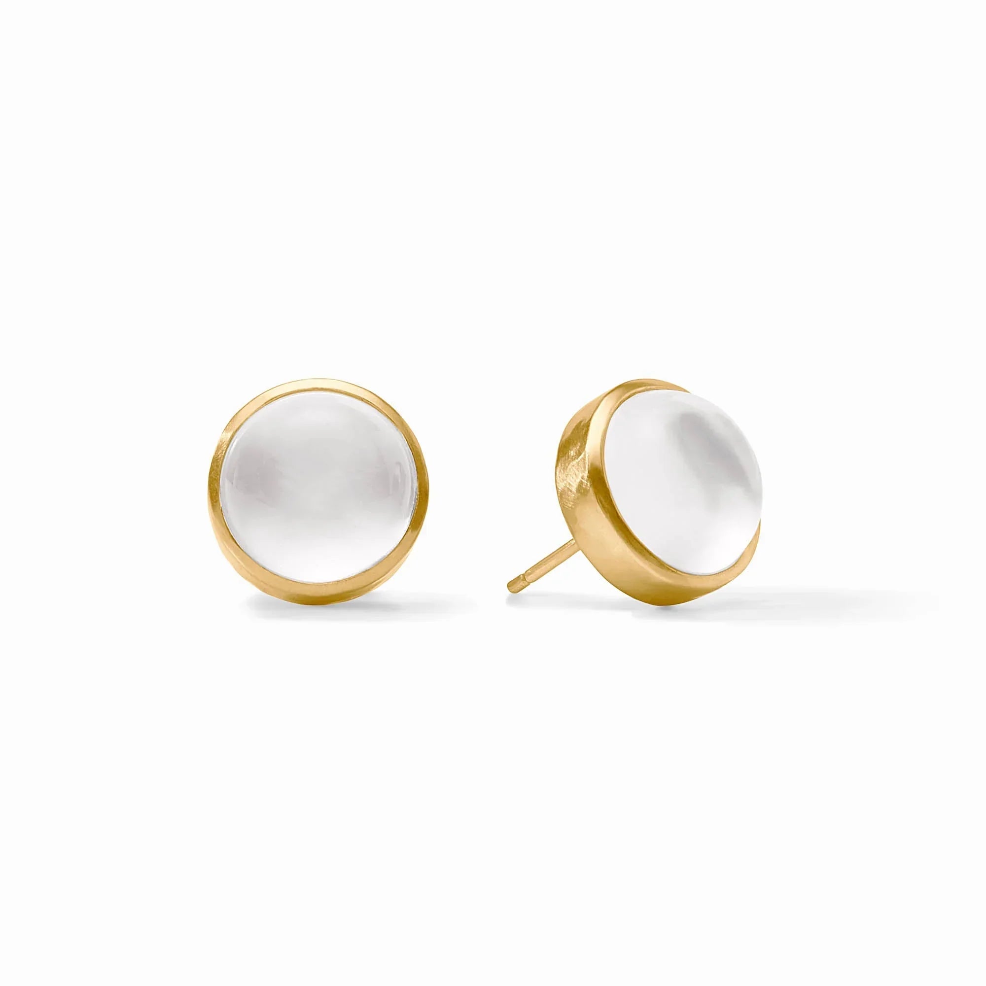 Gold and white round stud earrings on a white background