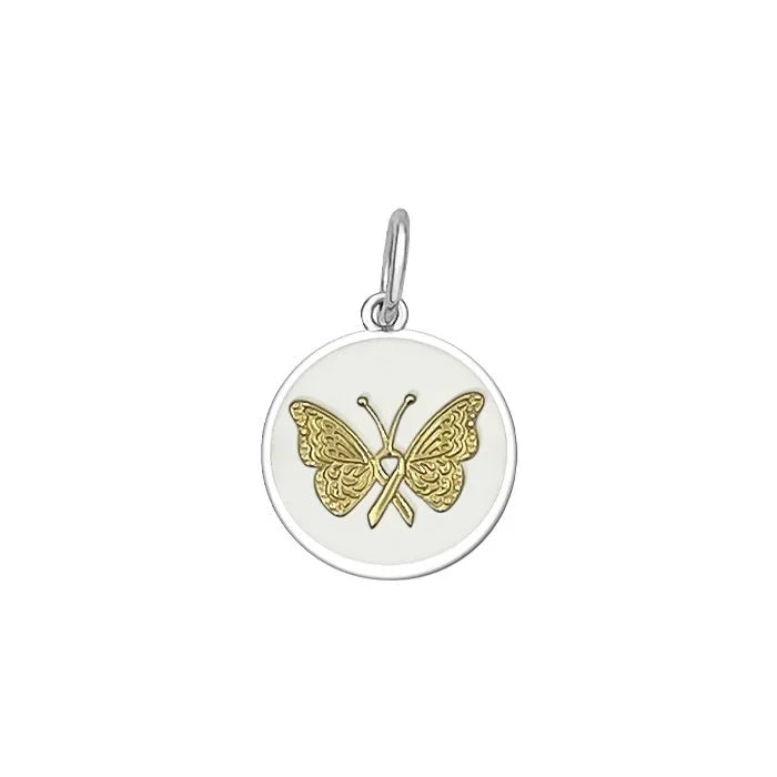Butterfly pendant with gold design on a white background