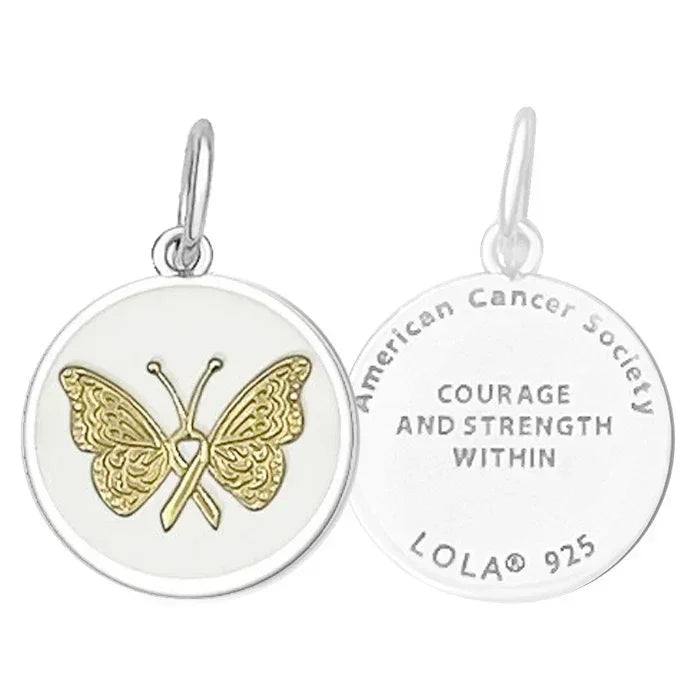 Silver pendant with gold butterfly and American Cancer Society logo on a white background