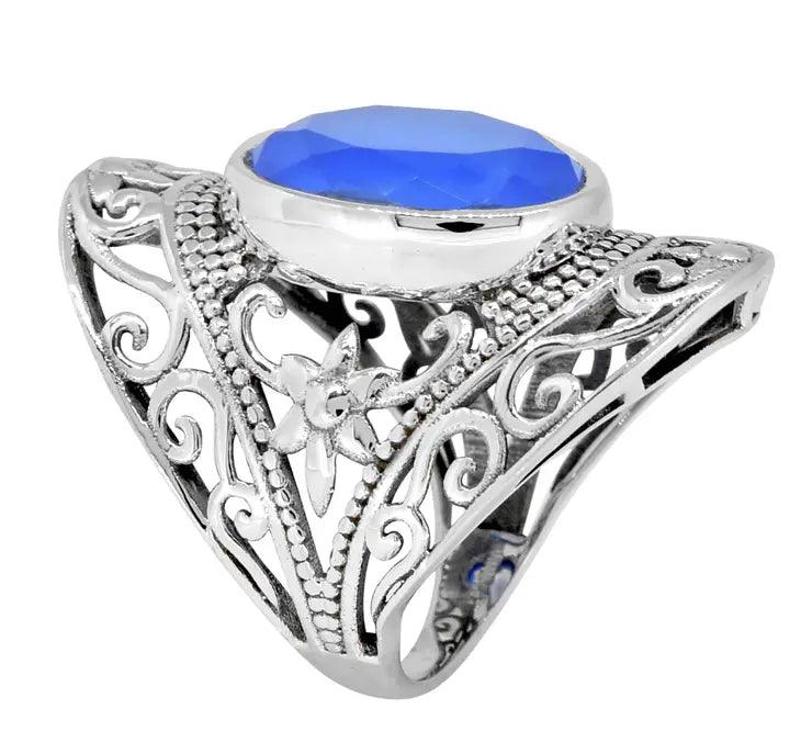 Blue Chalcedony Sterling Silver Filigree Ring