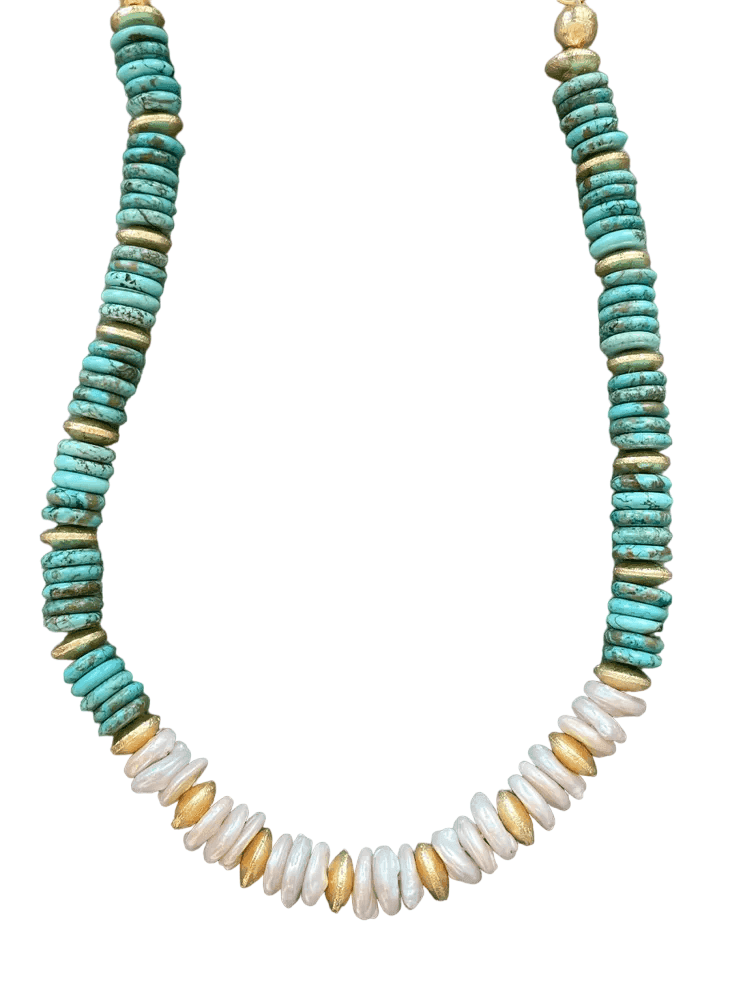  Disc Turquoise & Pearl Short Necklace