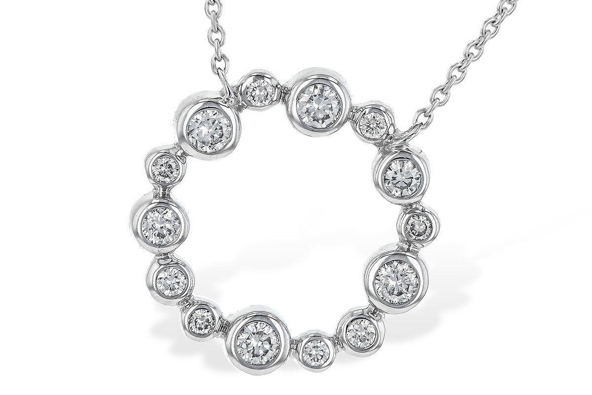 Diamond necklace with circular design on a white background