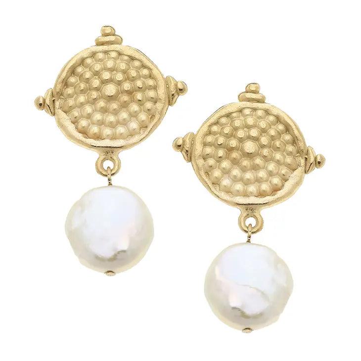 Dotted Gold + Coin Pearl Drop Clip Earrings