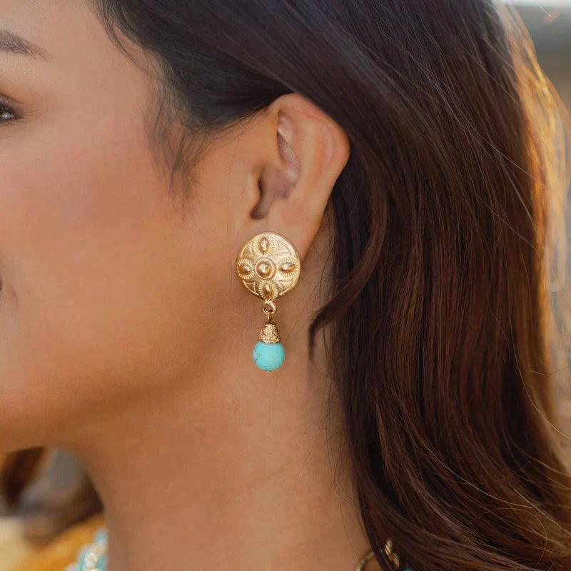 Gold Four Bead Concho + Matte Turquoise Earrings