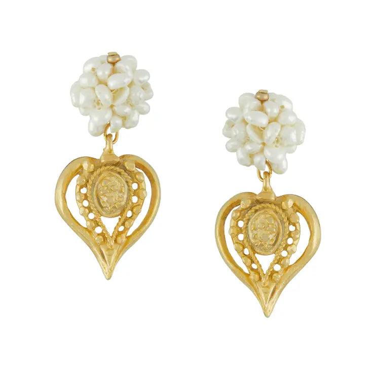 Gold French Heart with Freshwater Pearl Cluster Earrings