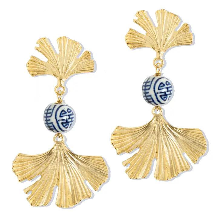 Gold Ginkgo Leaf & Porcelain Ball Dangle Earrings