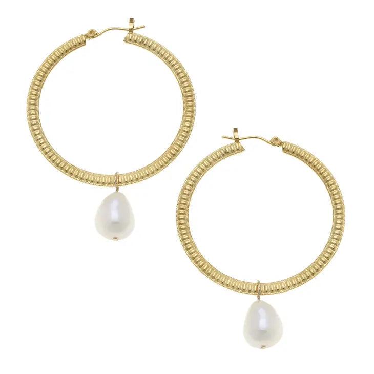 Gold Hoop and Genuine Freshwater Pearl Earrings