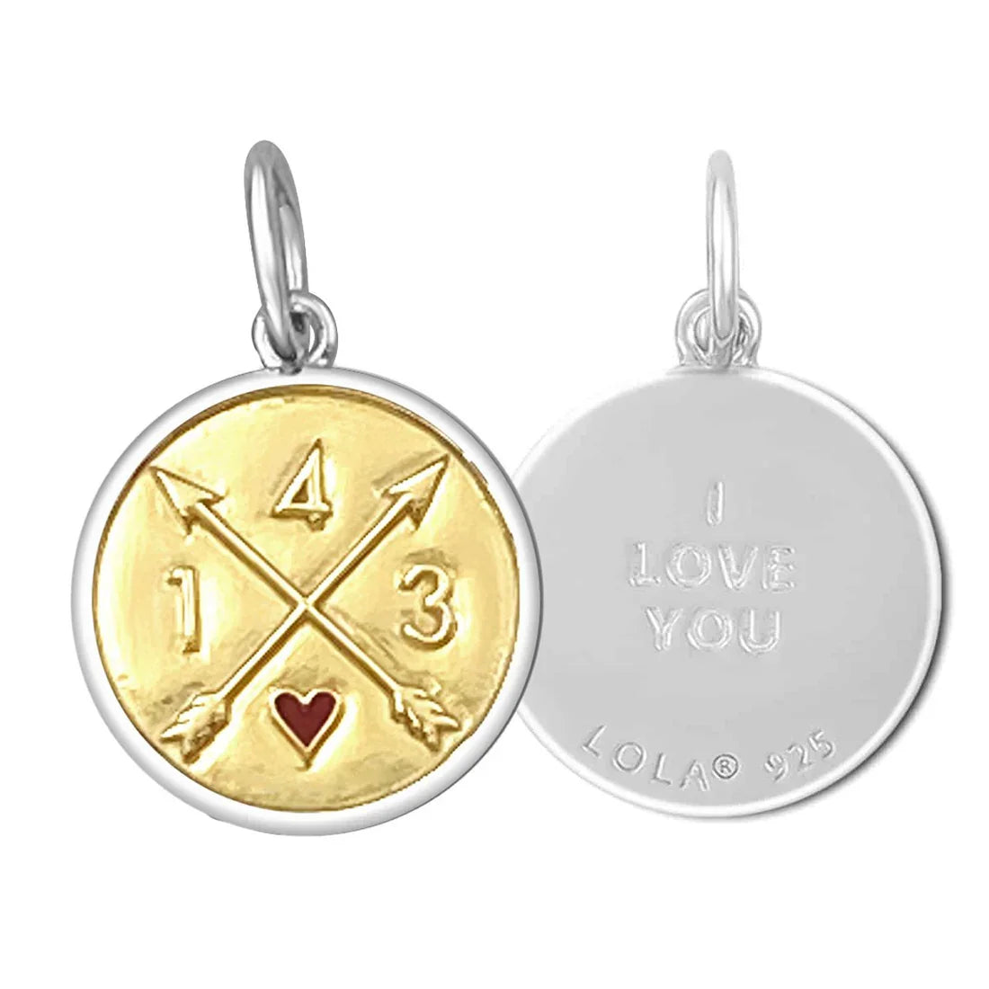 Two round pendants, one gold with arrows and a heart, the other silver with 'I LOVE YOU' engraving, on a white background.