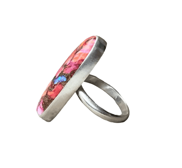 Long Oval Dahlia Copper Turquoise Sterling Silver Ring