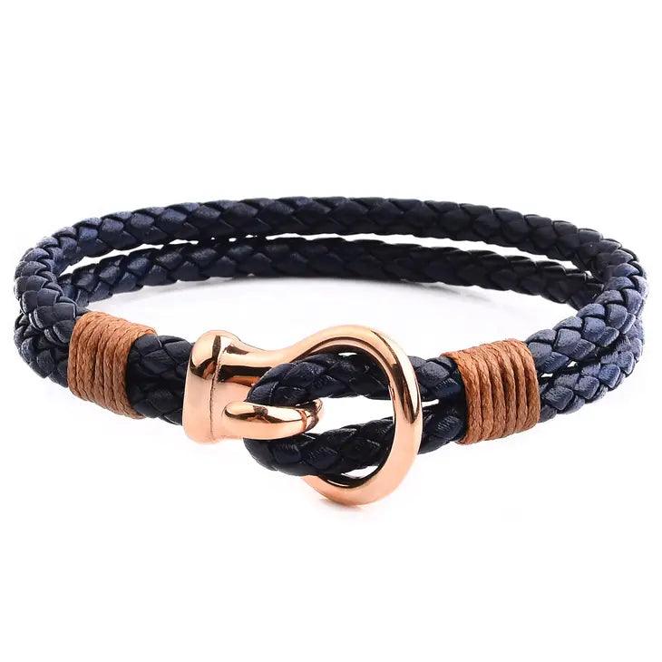 Mens Polished Hook Clasp Leather Bracelet